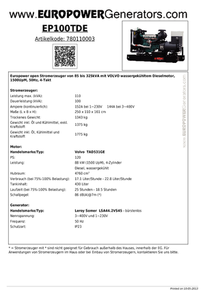 Stromerzeuger, Diesel Europower EP100TDE (LS)