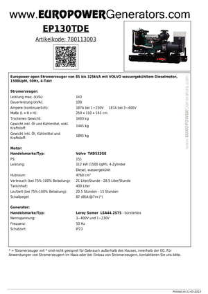 Stromerzeuger, Diesel Europower EP130TDE (LS)