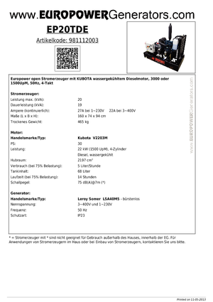 Stromerzeuger, Diesel Europower EP20TDE (LS)