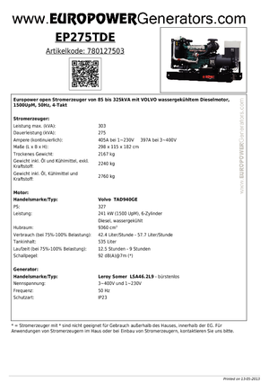 Stromerzeuger, Diesel Europower EP 275 TDE (LS)