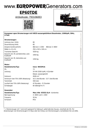 Stromerzeuger, Diesel Europower EP60TDE (MA)
