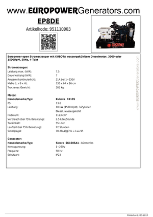 Stromerzeuger, Diesel Europower EP8DE (S)