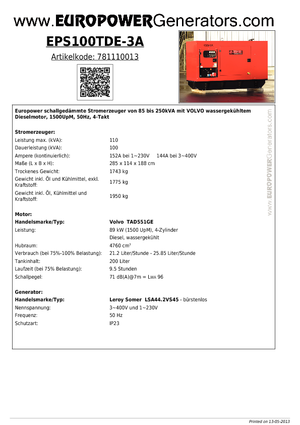 Stromerzeuger, Diesel Europower EPS100TDE-3A (LS)