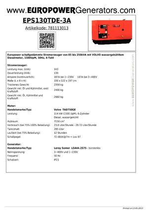 Stromerzeuger, Diesel Europower EPS130TDE-3A (LS)