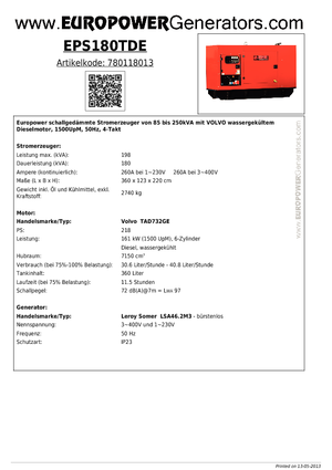 Stromerzeuger, Diesel Europower EPS180TDE (LS)