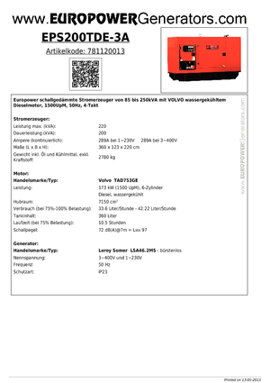 Stromerzeuger, Diesel Europower EPS200TDE-3A (LS)