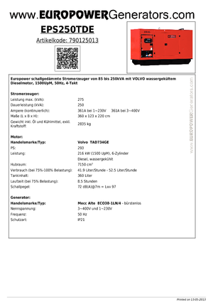 Stromerzeuger, Diesel Europower EPS250TDE (MA)