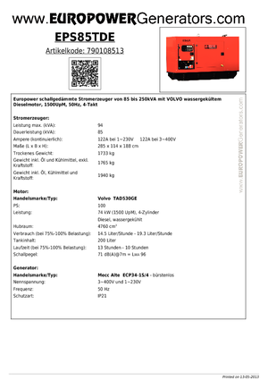 Stromerzeuger, Diesel Europower EPS85TDE (MA)