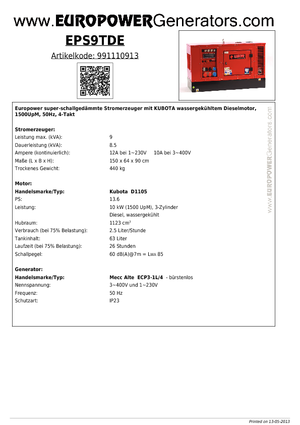 Stromerzeuger, Diesel Europower EPS9TDE (MA)