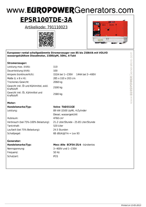 Stromerzeuger, Diesel Europower EPSR100TDE-3A (MA)