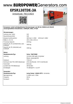 Stromerzeuger, Diesel Europower EPSR130TDE-3A (LS)