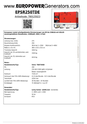 Stromerzeuger, Diesel Europower EPSR250TDE (LS)