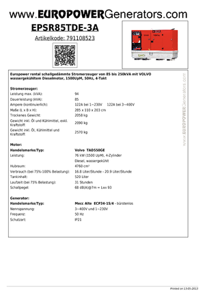 Stromerzeuger, Diesel Europower EPSR85TDE-3A (MA)