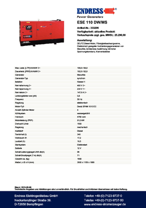 Stromerzeuger, Diesel Endress ESE 110 DW-MS