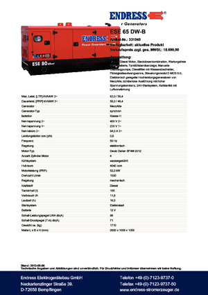 Stromerzeuger, Diesel Endress ESE 65 DW-B