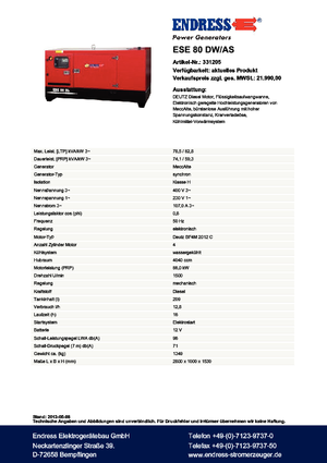 Stromerzeuger, Diesel Endress ESE 80 DW-AS