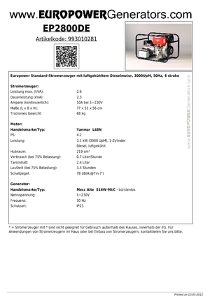 Stromerzeuger, Diesel Europower EP2800DE (MA)