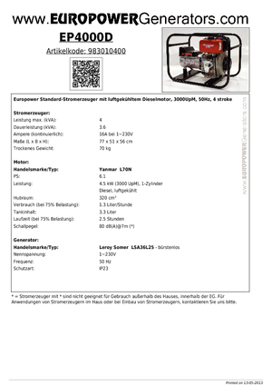 Stromerzeuger, Diesel Europower EP 4000 D (LS)