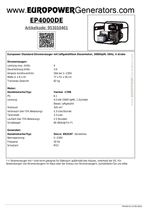 Stromerzeuger, Diesel Europower EP4000DE (S)