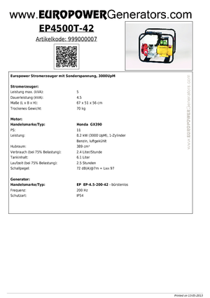 Stromerzeuger, Diesel Europower EP4500T-42 (EP)