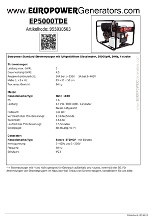Stromerzeuger, Diesel Europower EP5000TDE (S)