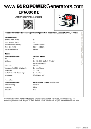 Stromerzeuger, Diesel Europower EP 6000 DE (LS)