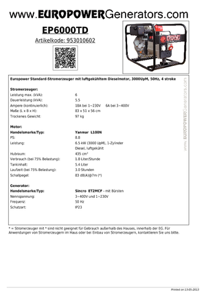 Stromerzeuger, Diesel Europower EP6000TD (S)