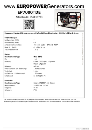 Stromerzeuger, Diesel Europower EP7000TDE (S)