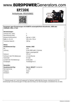 Stromerzeuger, Diesel Europower EP73DE (S)