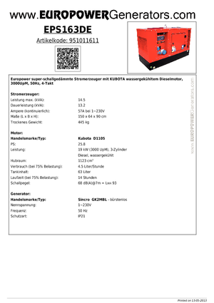 Stromerzeuger, Diesel Europower EPS163DE (S)