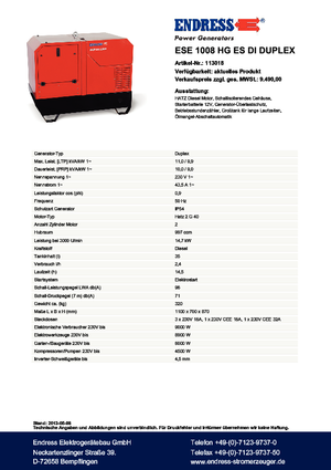 Stromerzeuger, Diesel Endress ESE 1008 HG ES Duplex Silent