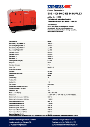 Stromerzeuger, Diesel Endress ESE 1408 DHG ES Duplex Silent