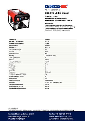 Stromerzeuger, Diesel Endress ESE 906 LS ES DI