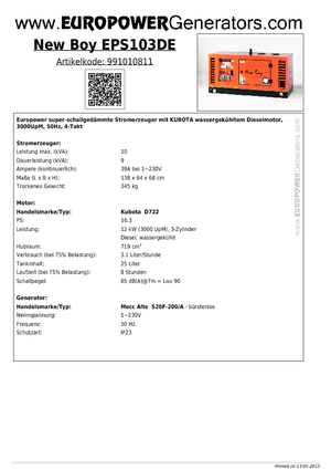 Stromerzeuger, Diesel Europower New Boy EPS103DE (MA)