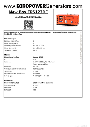 Stromerzeuger, Diesel Europower New Boy EPS123DE (S)