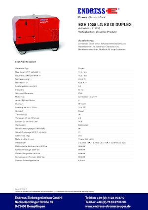 Stromerzeuger, Diesel Endress ESE 1008 LG ES DI DUPLEX