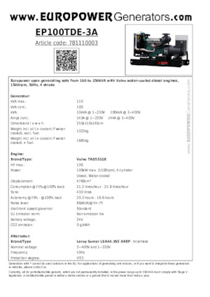 Stromerzeuger, Diesel Europower EP100TDE-3A (LS)