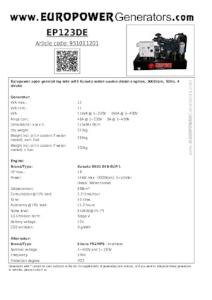 Stromerzeuger, Diesel Europower EP123DE (S)