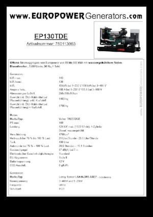 Stromerzeuger, Diesel Europower EP130TDE (LS)