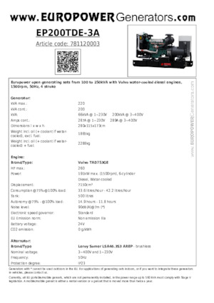 Stromerzeuger, Diesel Europower EP200TDE-3A (LS)