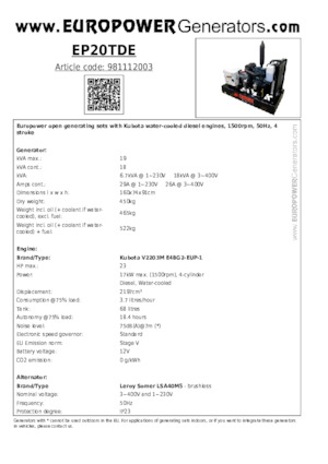 Stromerzeuger, Diesel Europower EP20TDE (LS)