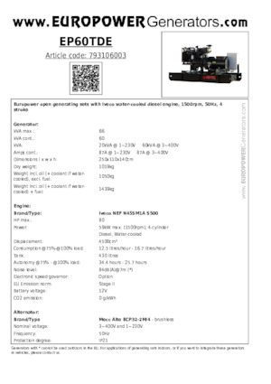 Stromerzeuger, Diesel Europower EP60TDE (MA)