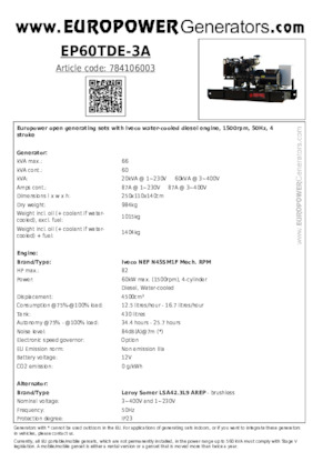 Stromerzeuger, Diesel Europower EP60TDE-3A (LS)