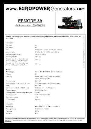 Stromerzeuger, Diesel Europower EP60TDE-3A (MA)