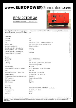 Stromerzeuger, Diesel Europower EPS100TDE-3A (LS)