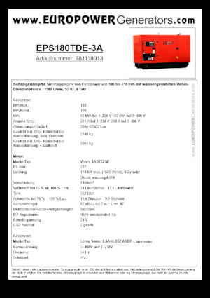 Stromerzeuger, Diesel Europower EPS180TDE-3A (LS)