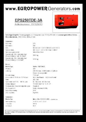 Stromerzeuger, Diesel Europower EPS250TDE-3A (MA)