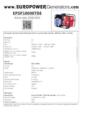 Stromerzeuger, Diesel Europower EPSP10000TDE (S)