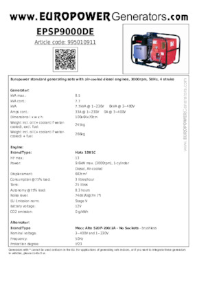 Stromerzeuger, Diesel Europower EPSP9000DE (MA)