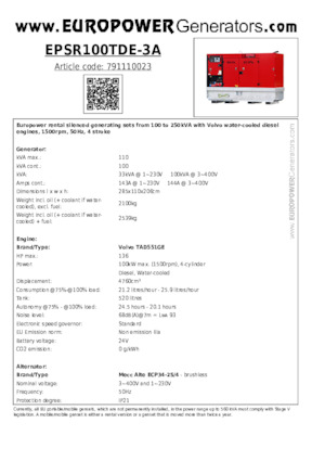Stromerzeuger, Diesel Europower EPSR100TDE-3A (MA)